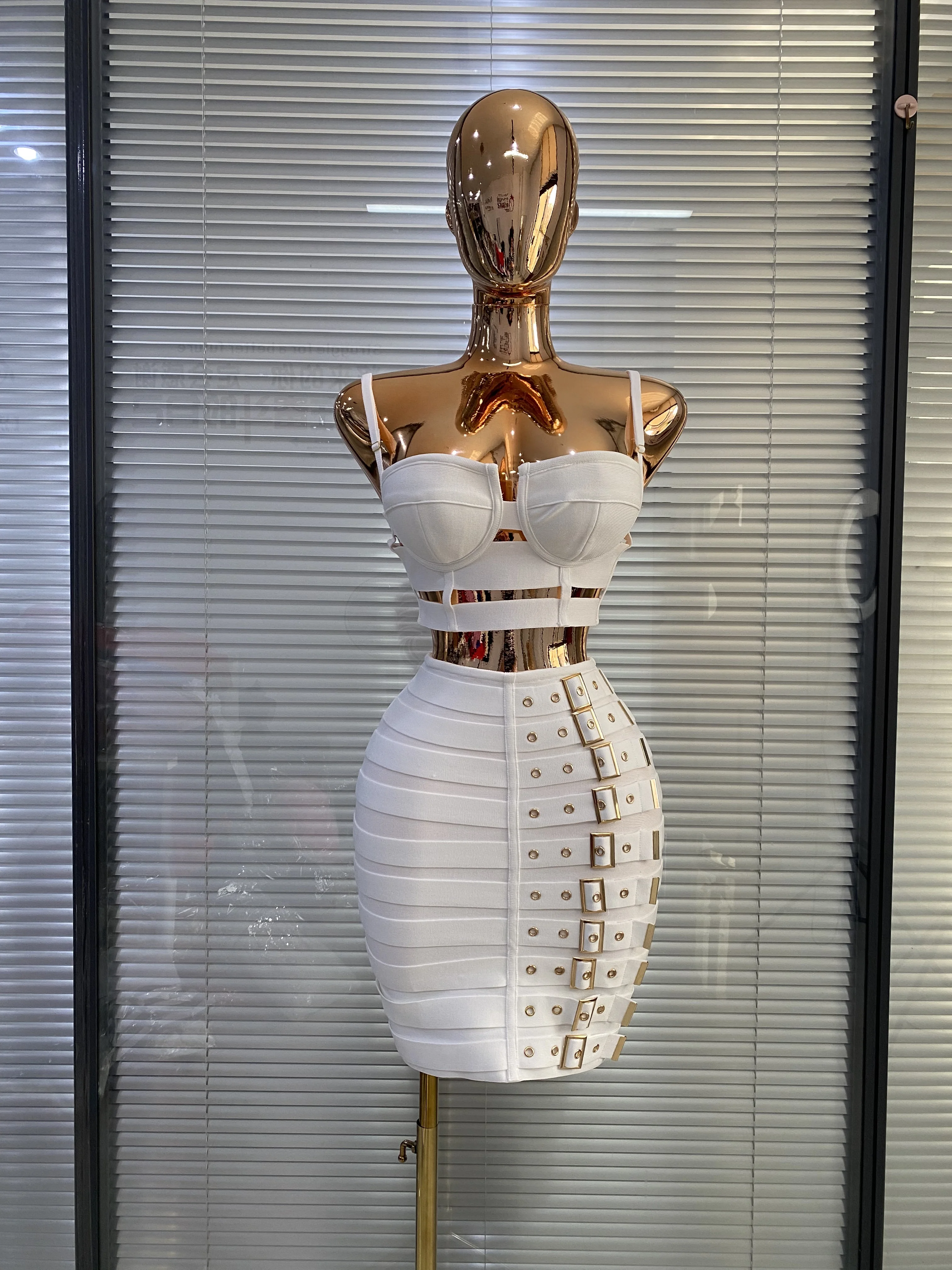 White Bandage Dress Women Designer Bustier Crop Top And Buckles Pencil Skirt Two Pieces Sets Evening Club Party Outfits