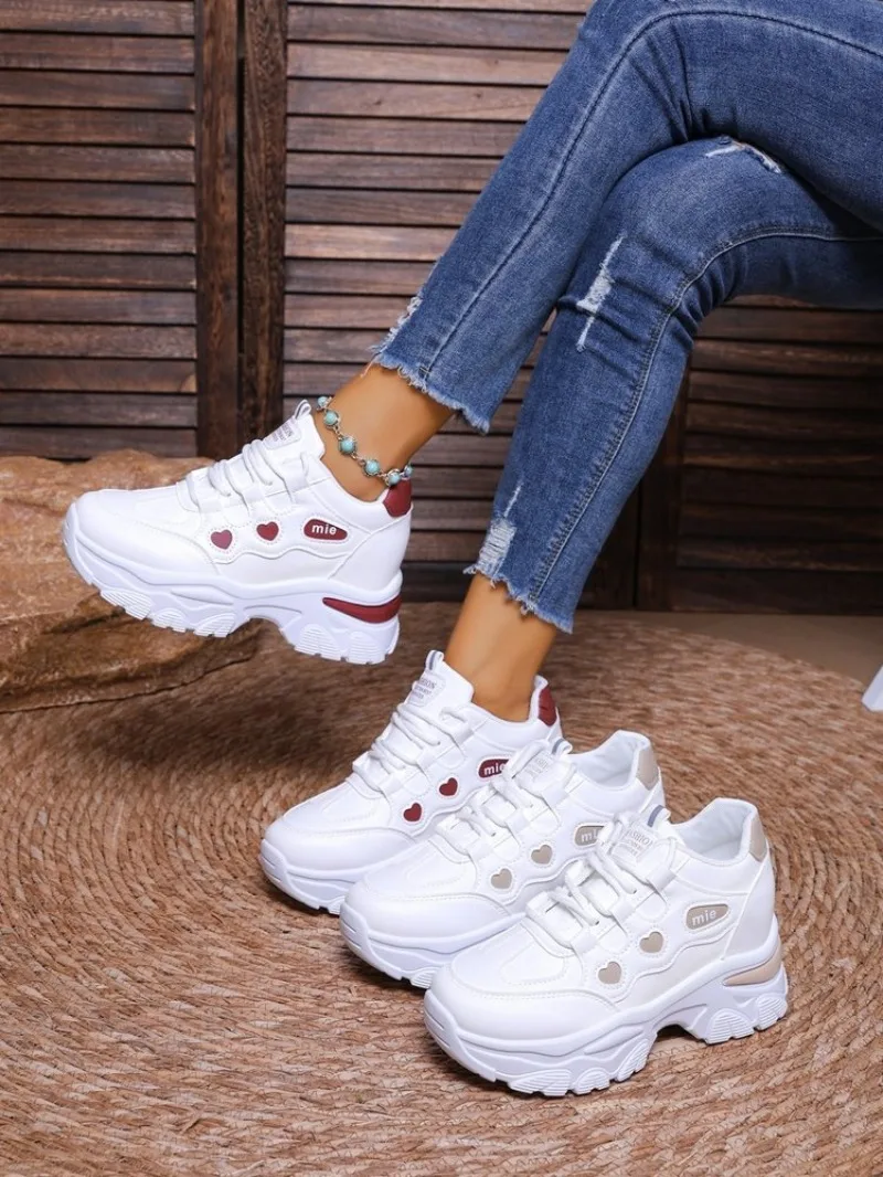 Women Sneakers Fashion Thick-sole Leather Casual Shoe Height-increasing Sport Shoe Laced Platform Vulcanize Shoes Tenis Feminino
