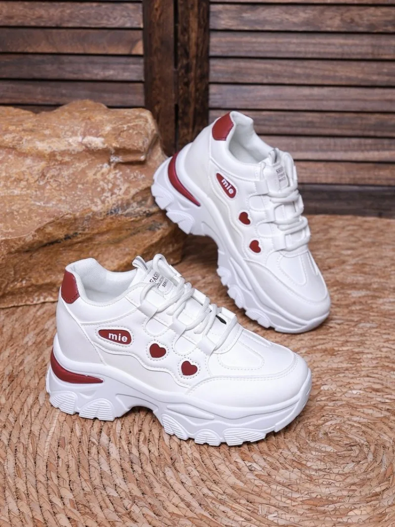 Women Sneakers Fashion Thick-sole Leather Casual Shoe Height-increasing Sport Shoe Laced Platform Vulcanize Shoes Tenis Feminino