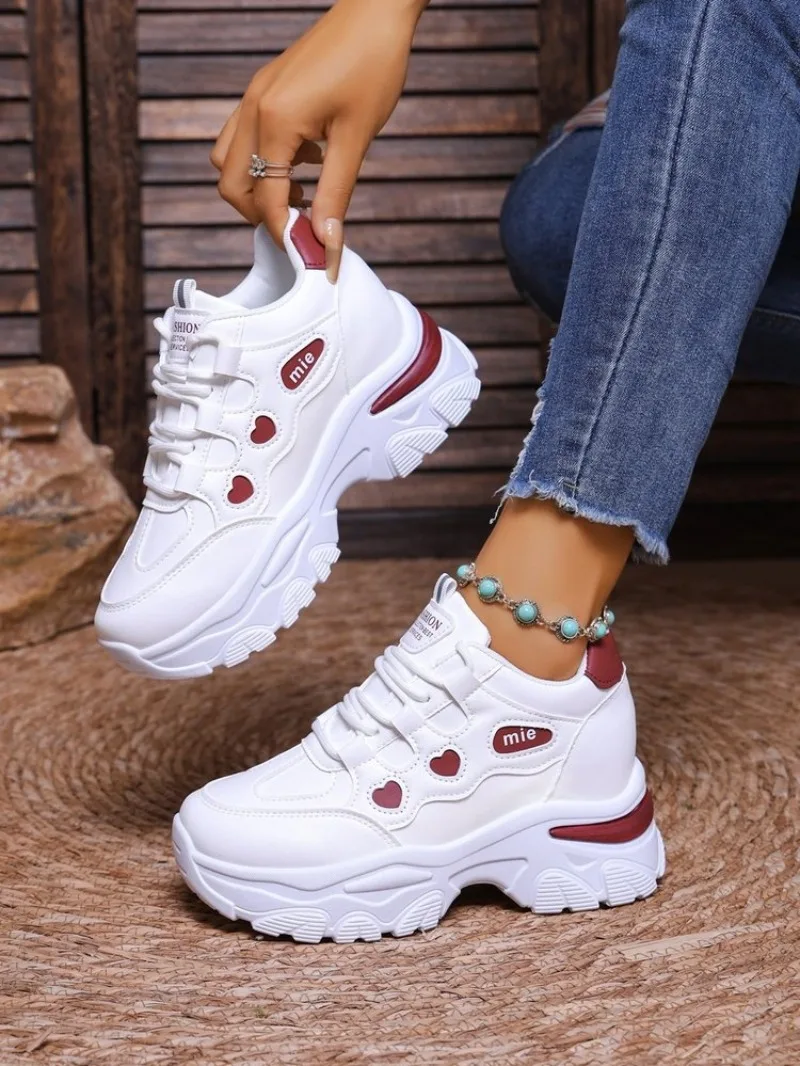 Women Sneakers Fashion Thick-sole Leather Casual Shoe Height-increasing Sport Shoe Laced Platform Vulcanize Shoes Tenis Feminino