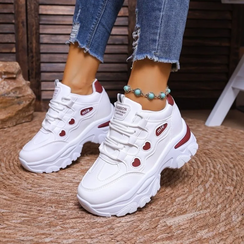 Women Sneakers Fashion Thick-sole Leather Casual Shoe Height-increasing Sport Shoe Laced Platform Vulcanize Shoes Tenis Feminino