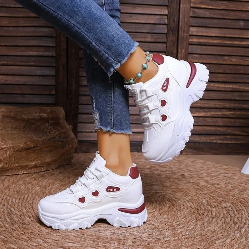Women Sneakers Fashion Thick-sole Leather Casual Shoe Height-increasing Sport Shoe Laced Platform Vulcanize Shoes Tenis Feminino