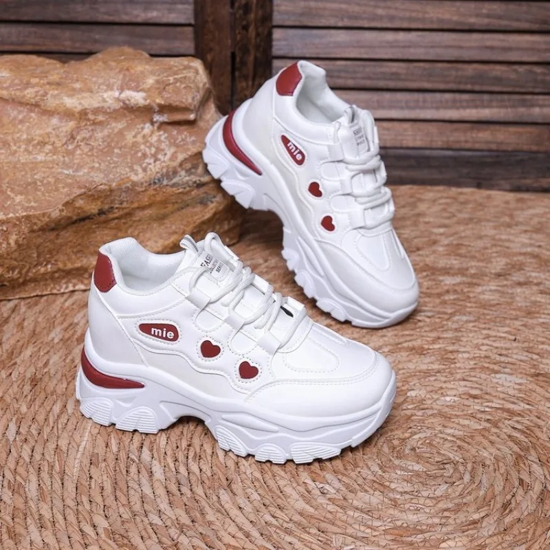 Women Sneakers Fashion Thick-sole Leather Casual Shoe Height-increasing Sport Shoe Laced Platform Vulcanize Shoes Tenis Feminino