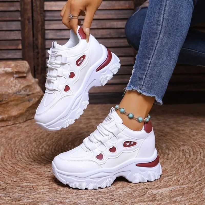 Women Sneakers Fashion Thick-sole Leather Casual Shoe Height-increasing Sport Shoe Laced Platform Vulcanize Shoes Tenis Feminino