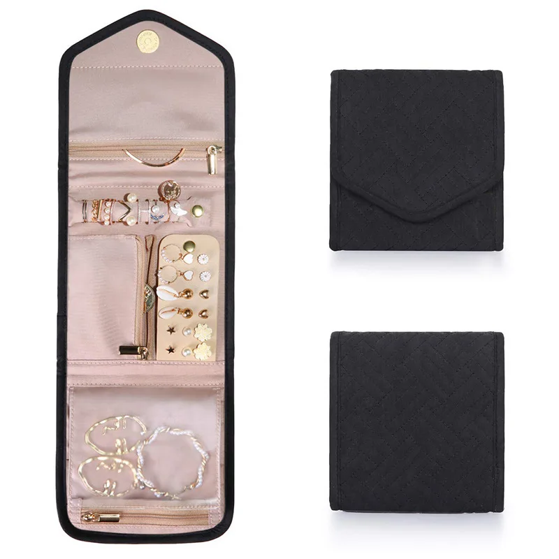 Faux Leather Velvet Jewelry Storage Roll Bag Travel Folding Portable Jewelry Bag Stud Earrings Jewelry Storage Bag