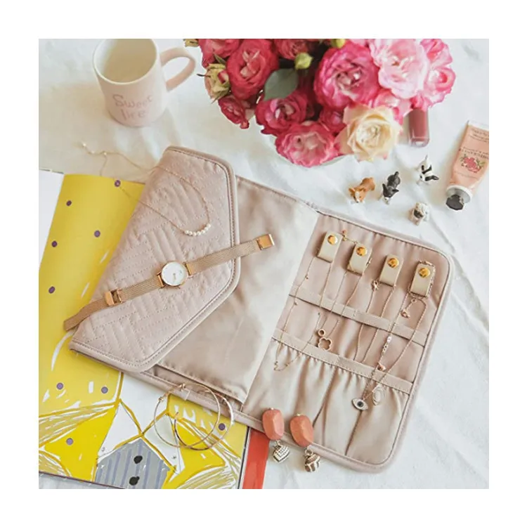 Faux Leather Velvet Jewelry Storage Roll Bag Travel Folding Portable Jewelry Bag Stud Earrings Jewelry Storage Bag