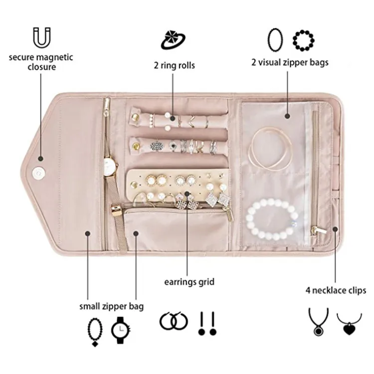 Faux Leather Velvet Jewelry Storage Roll Bag Travel Folding Portable Jewelry Bag Stud Earrings Jewelry Storage Bag