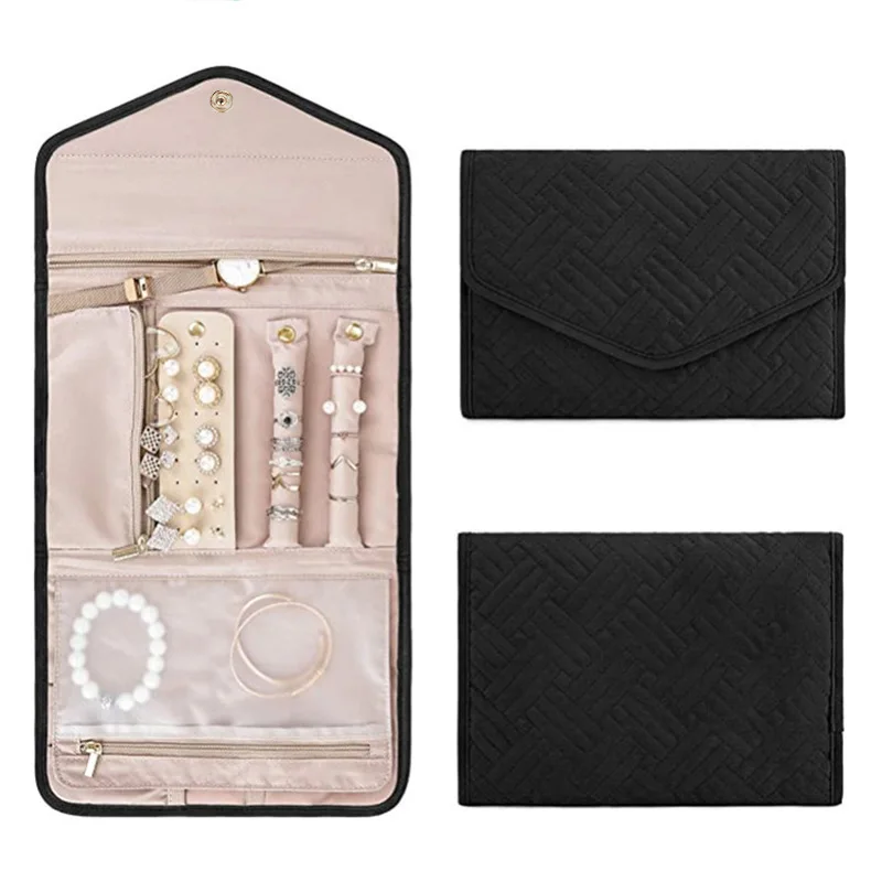 Faux Leather Velvet Jewelry Storage Roll Bag Travel Folding Portable Jewelry Bag Stud Earrings Jewelry Storage Bag