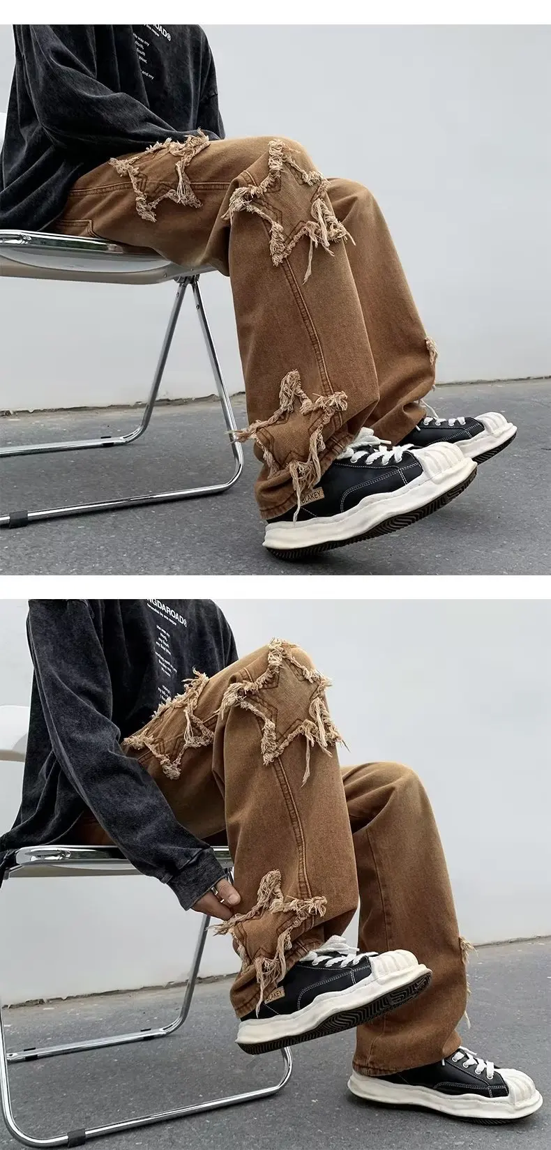 2025 New Fashion Stars Towel Embroidery Brown Men Jeans Pants Y2K Clothes Straight Hip Hop Cotton Trousers Pantalon Homme