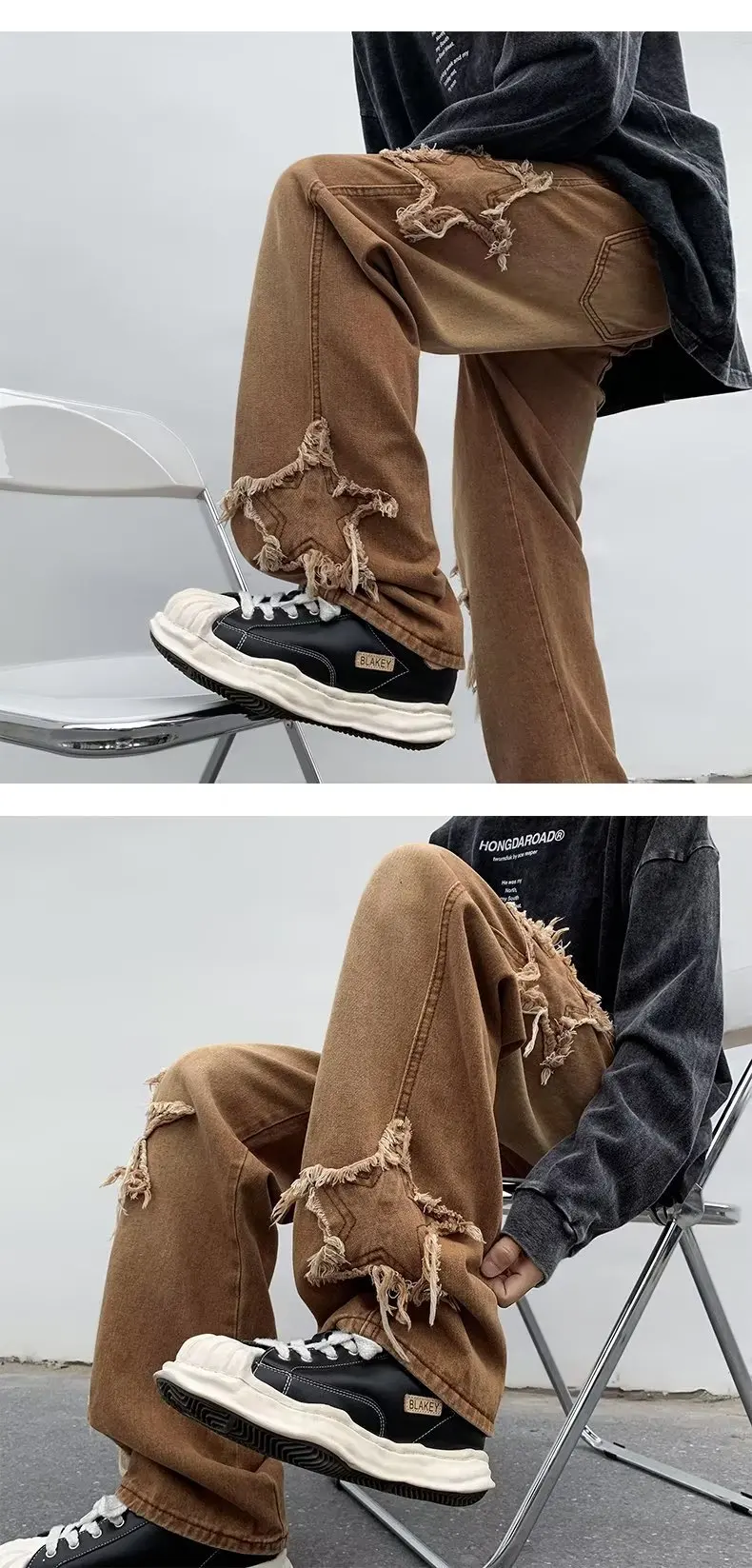 2025 New Fashion Stars Towel Embroidery Brown Men Jeans Pants Y2K Clothes Straight Hip Hop Cotton Trousers Pantalon Homme