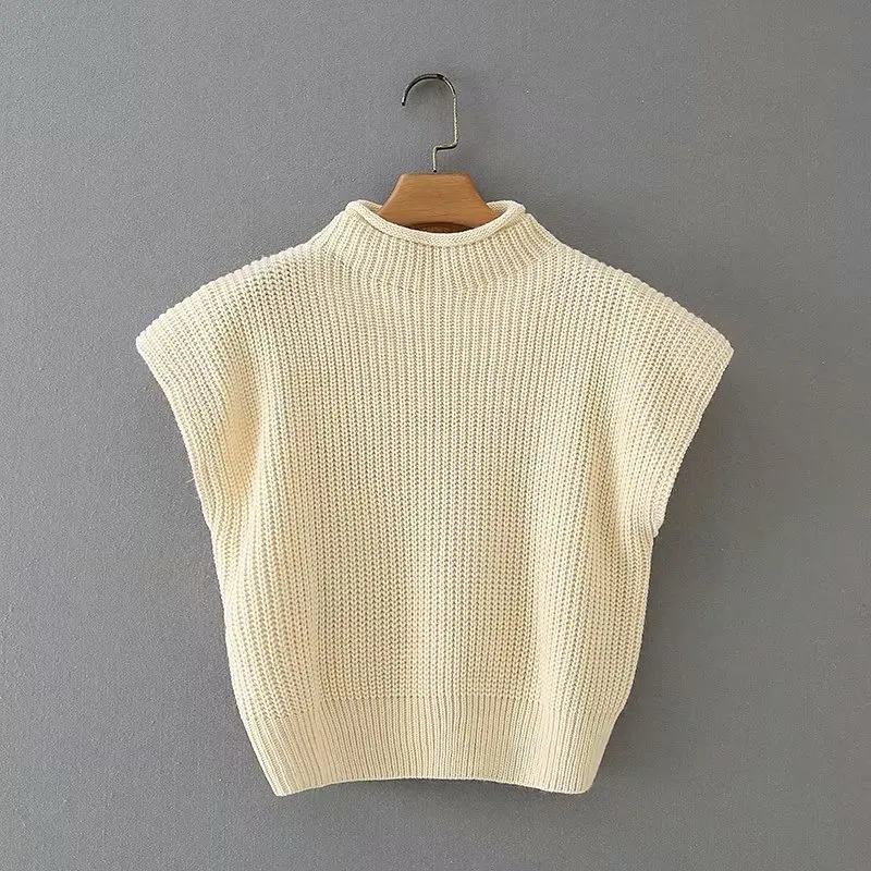 Rollkragen Sleeveless Weste Pullover Frauen 2024 Mit Schulter Pads Gestrickte Pullover Herbst Winter Jumper Casual Tops Mode