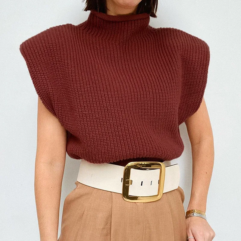 Rollkragen Sleeveless Weste Pullover Frauen 2024 Mit Schulter Pads Gestrickte Pullover Herbst Winter Jumper Casual Tops Mode