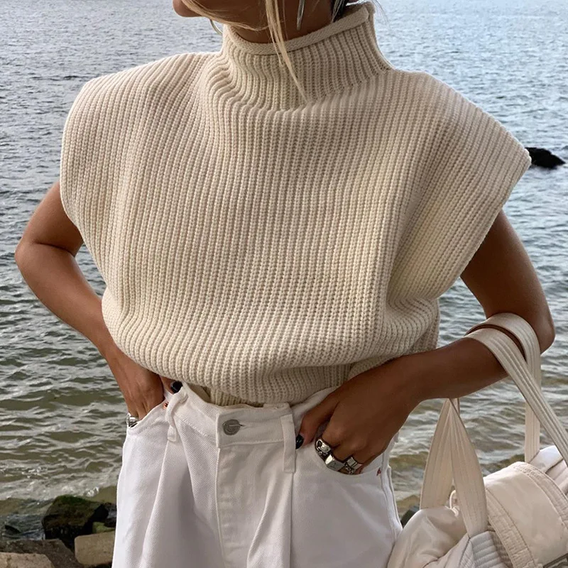 Rollkragen Sleeveless Weste Pullover Frauen 2024 Mit Schulter Pads Gestrickte Pullover Herbst Winter Jumper Casual Tops Mode