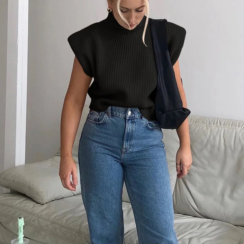 Rollkragen Sleeveless Weste Pullover Frauen 2024 Mit Schulter Pads Gestrickte Pullover Herbst Winter Jumper Casual Tops Mode