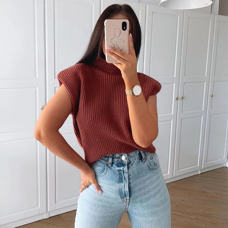 Rollkragen Sleeveless Weste Pullover Frauen 2024 Mit Schulter Pads Gestrickte Pullover Herbst Winter Jumper Casual Tops Mode
