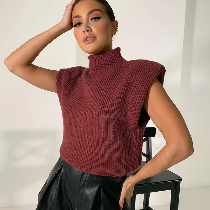 Rollkragen Sleeveless Weste Pullover Frauen 2024 Mit Schulter Pads Gestrickte Pullover Herbst Winter Jumper Casual Tops Mode