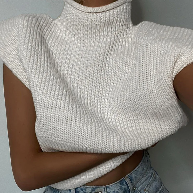 Rollkragen Sleeveless Weste Pullover Frauen 2024 Mit Schulter Pads Gestrickte Pullover Herbst Winter Jumper Casual Tops Mode