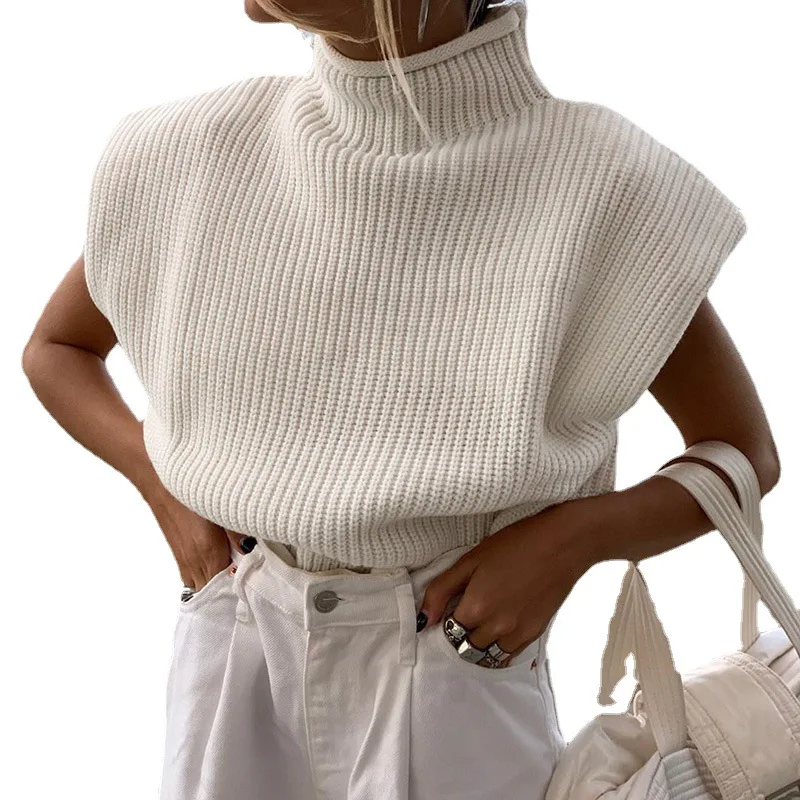 Rollkragen Sleeveless Weste Pullover Frauen 2024 Mit Schulter Pads Gestrickte Pullover Herbst Winter Jumper Casual Tops Mode