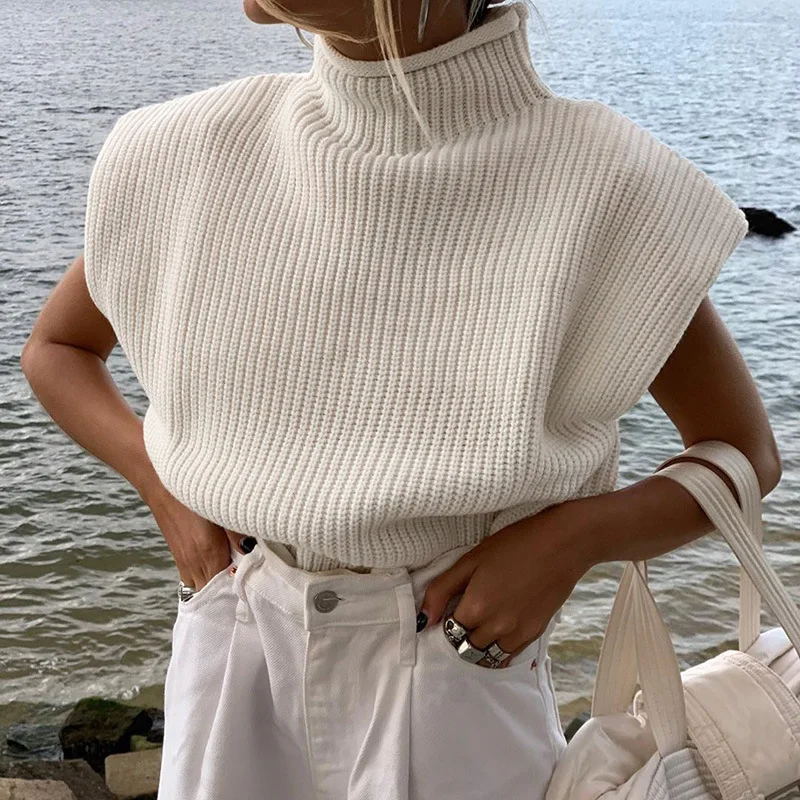 Rollkragen Sleeveless Weste Pullover Frauen 2024 Mit Schulter Pads Gestrickte Pullover Herbst Winter Jumper Casual Tops Mode