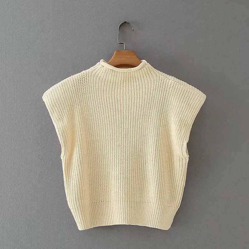 Rollkragen Sleeveless Weste Pullover Frauen 2024 Mit Schulter Pads Gestrickte Pullover Herbst Winter Jumper Casual Tops Mode