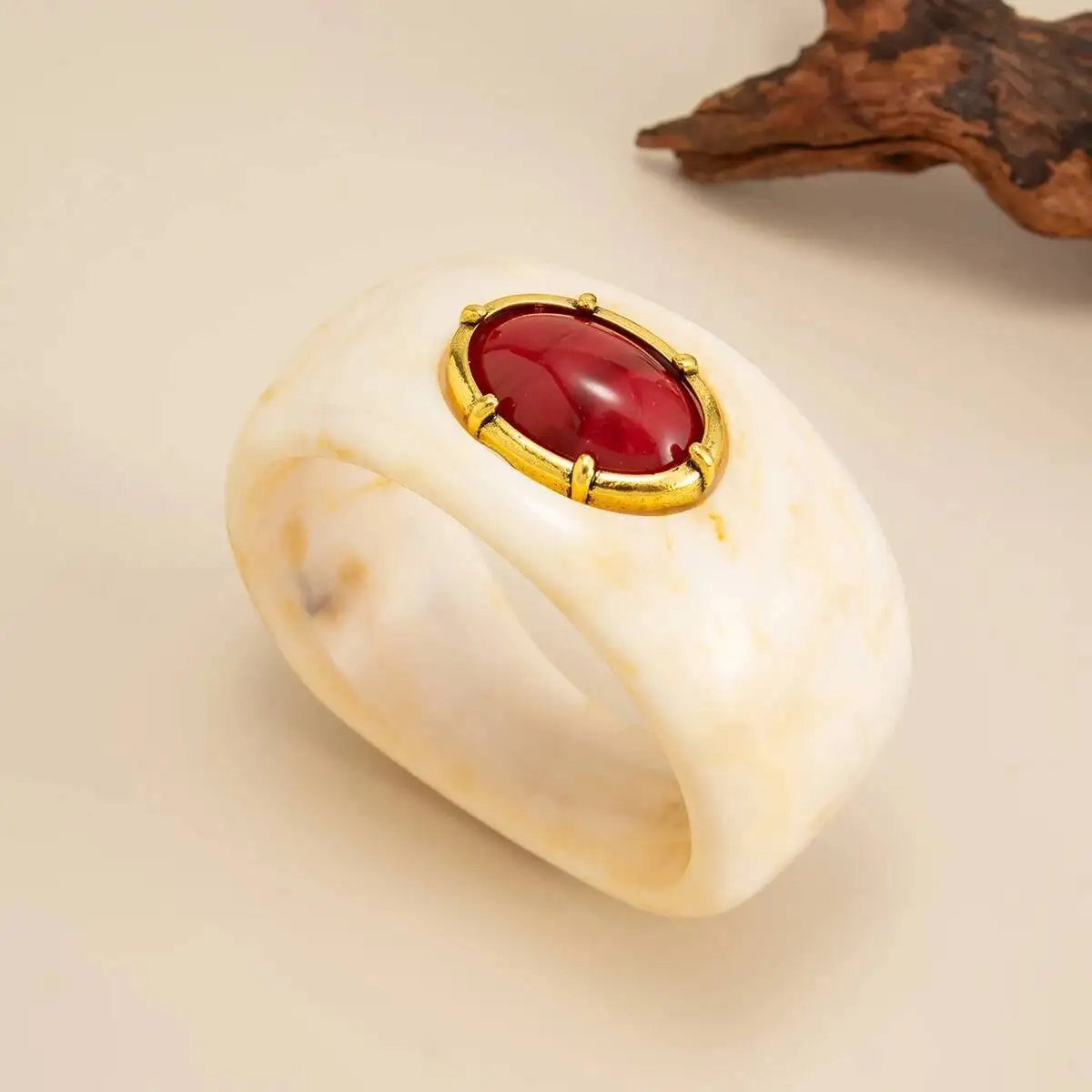 Salircon Vintage Exaggerated Inlay Red Stone Resin Acrylic Stack Bracelet Women Punk Geometric Chunky Wide Cuff Bangle Jewelry