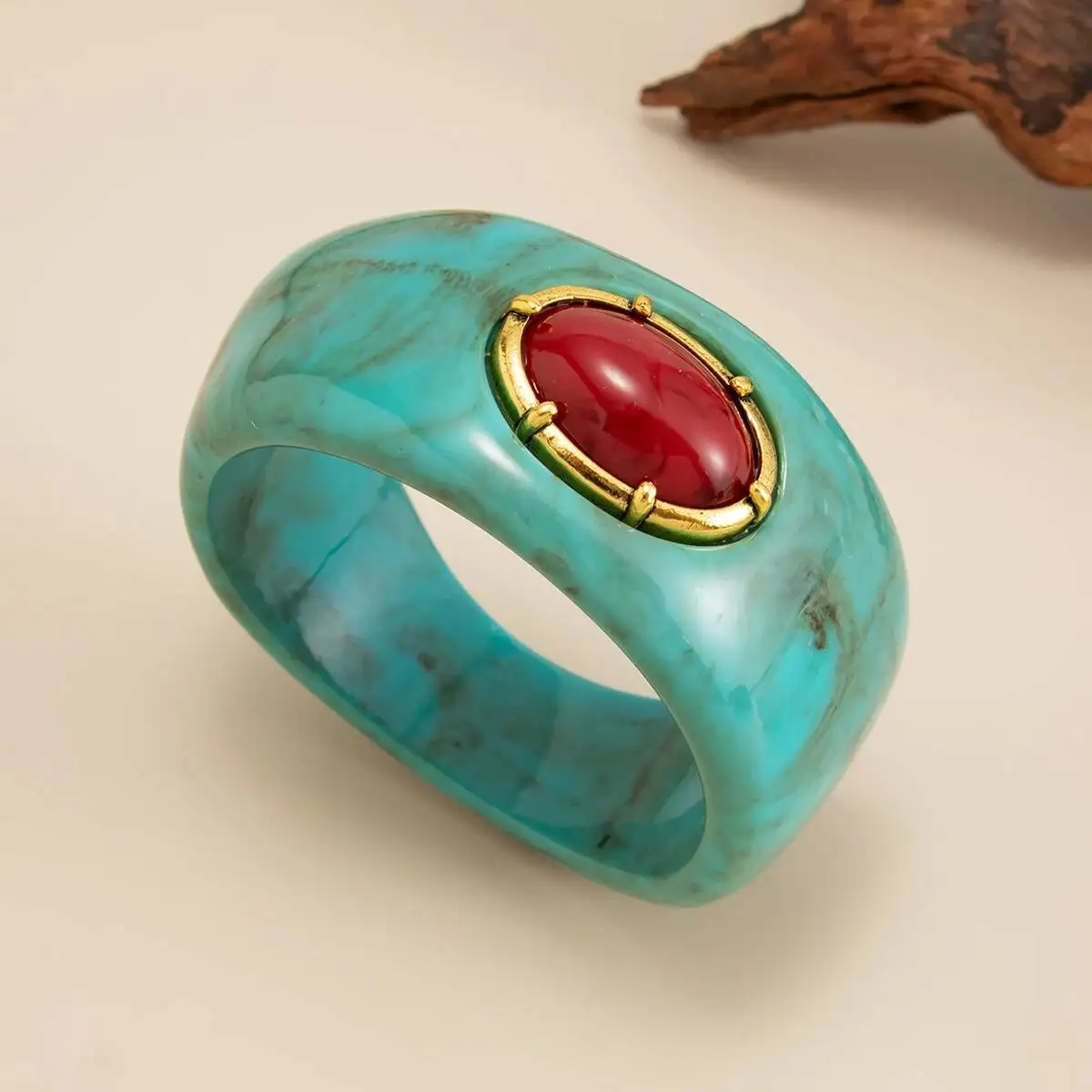 Salircon Vintage Exaggerated Inlay Red Stone Resin Acrylic Stack Bracelet Women Punk Geometric Chunky Wide Cuff Bangle Jewelry