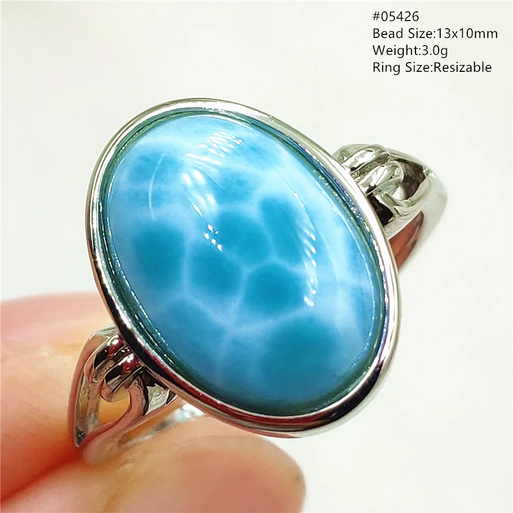 Natural Blue Larimar Oval Adjustable Ring Jewelry Water Pattern Real Larimar For Women Men Healing Fashion Stone AAAAAA