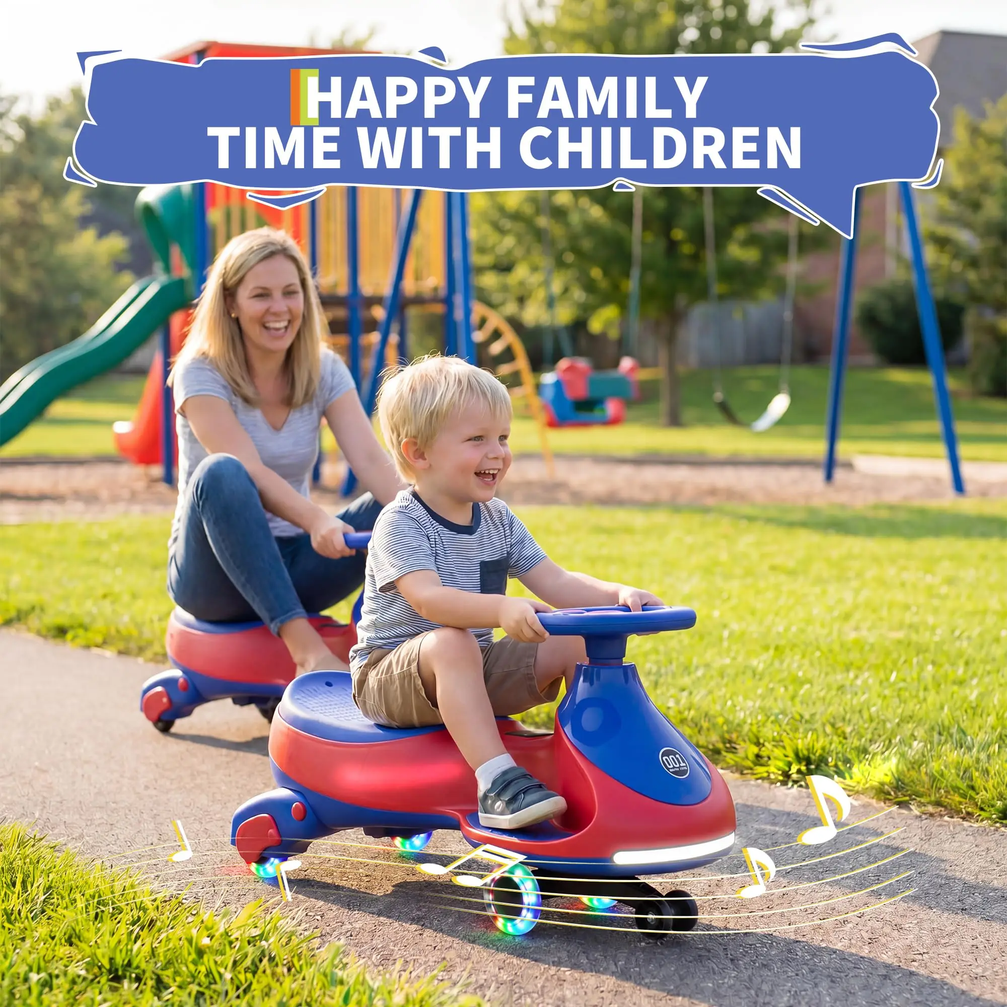 12V Electric Wiggle Car Kids With Pedal, 2 in 1 Rechargeable Ride On Swing Car, LED Wheels, Music, Touchscreen, 2 Speeds