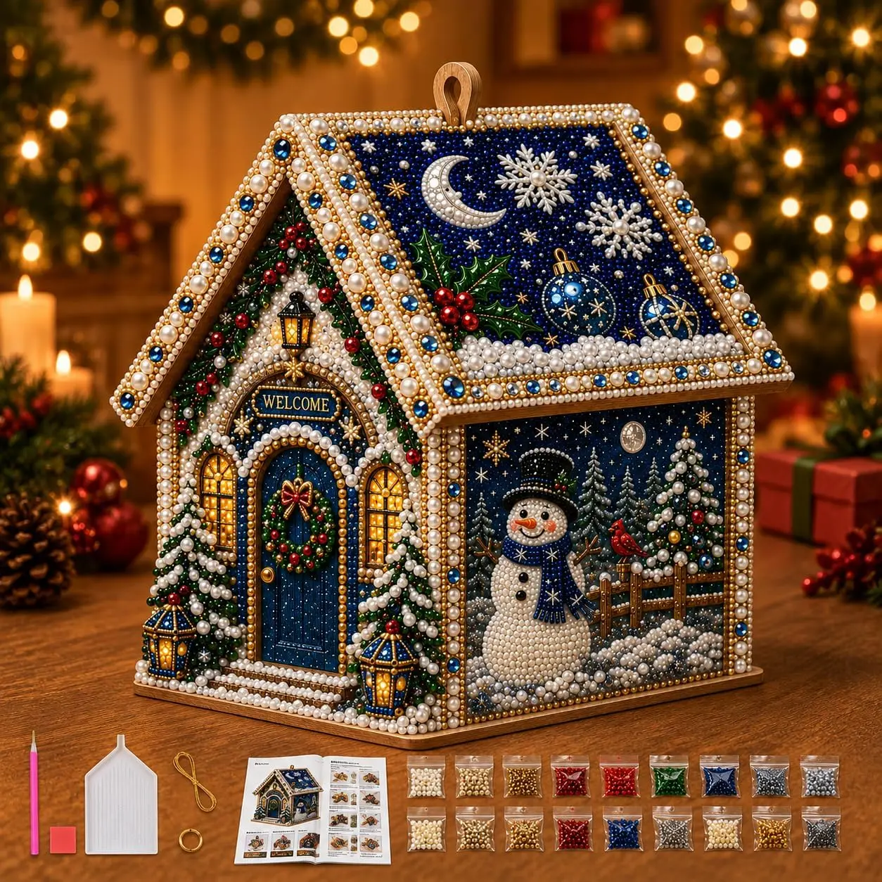 DIY Pearl Art Christmas House Diamond Painting Kit Gingerbread House Shape Xmas Hanging Ornament Set for Home Holiday Decor Gift