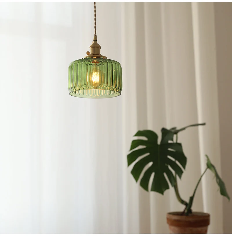 LED Vintage Glass Pendant Light Green Hanging Lamps Living Room Decor Luminaire Hall Bedroom Dining Room Indoor Fixture Lustre