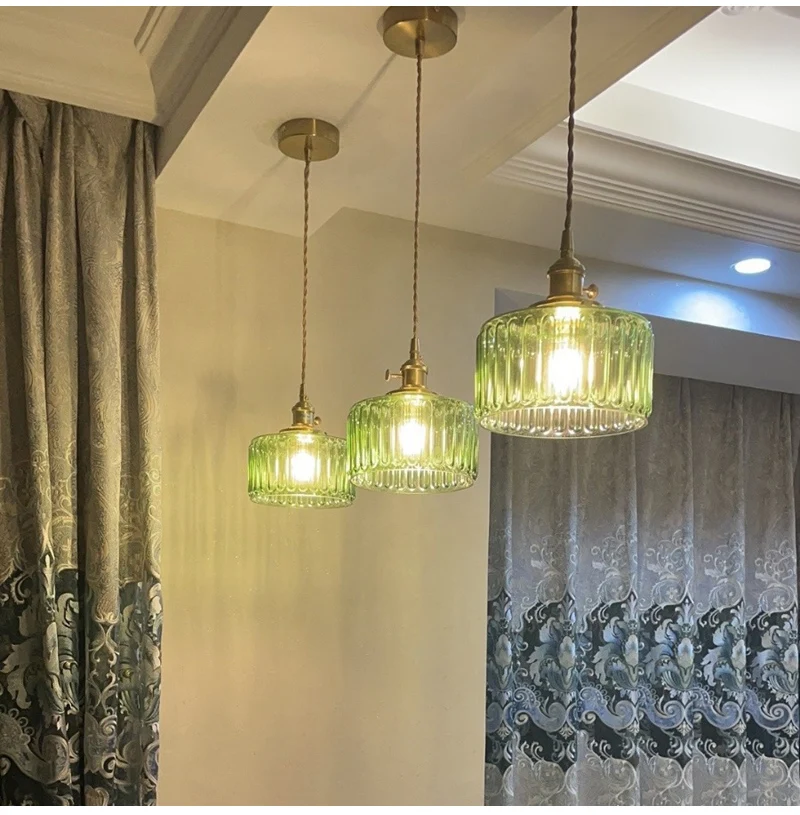 LED Vintage Glass Pendant Light Green Hanging Lamps Living Room Decor Luminaire Hall Bedroom Dining Room Indoor Fixture Lustre