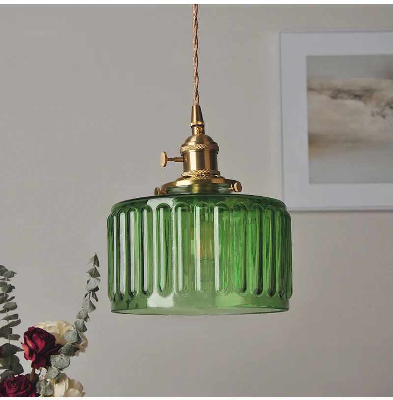 LED Vintage Glass Pendant Light Green Hanging Lamps Living Room Decor Luminaire Hall Bedroom Dining Room Indoor Fixture Lustre