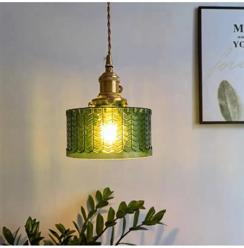 LED Vintage Glass Pendant Light Green Hanging Lamps Living Room Decor Luminaire Hall Bedroom Dining Room Indoor Fixture Lustre