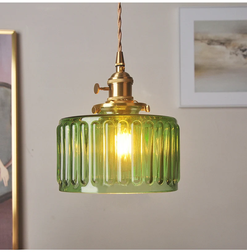 LED Vintage Glass Pendant Light Green Hanging Lamps Living Room Decor Luminaire Hall Bedroom Dining Room Indoor Fixture Lustre