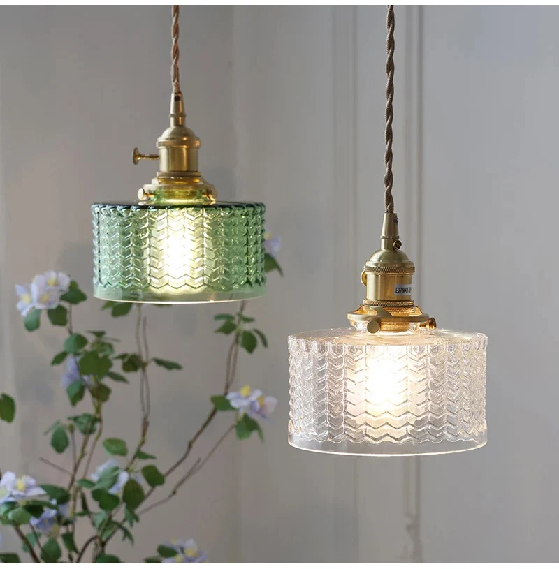 LED Vintage Glass Pendant Light Green Hanging Lamps Living Room Decor Luminaire Hall Bedroom Dining Room Indoor Fixture Lustre