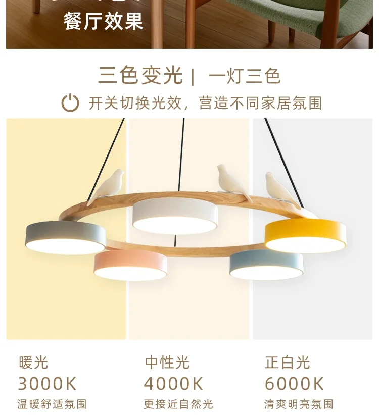 Nordic Wooden circle chandelier Bird lamp for Living Room Colour lamp Minimalist Bedroom Living Room Main Light dining lamp