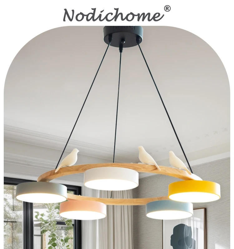 Nordic Wooden circle chandelier Bird lamp for Living Room Colour lamp Minimalist Bedroom Living Room Main Light dining lamp