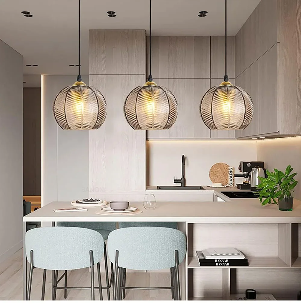 Modern Nordic Striped Glass Pendant Light for Kitchen Island Dining Bedroom Hanging Ceiling Lamp Home Decor Chandelier
