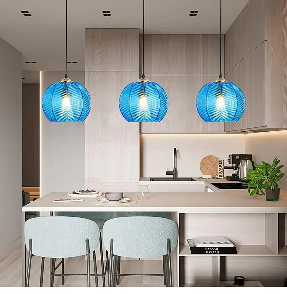 Modern Nordic Striped Glass Pendant Light for Kitchen Island Dining Bedroom Hanging Ceiling Lamp Home Decor Chandelier
