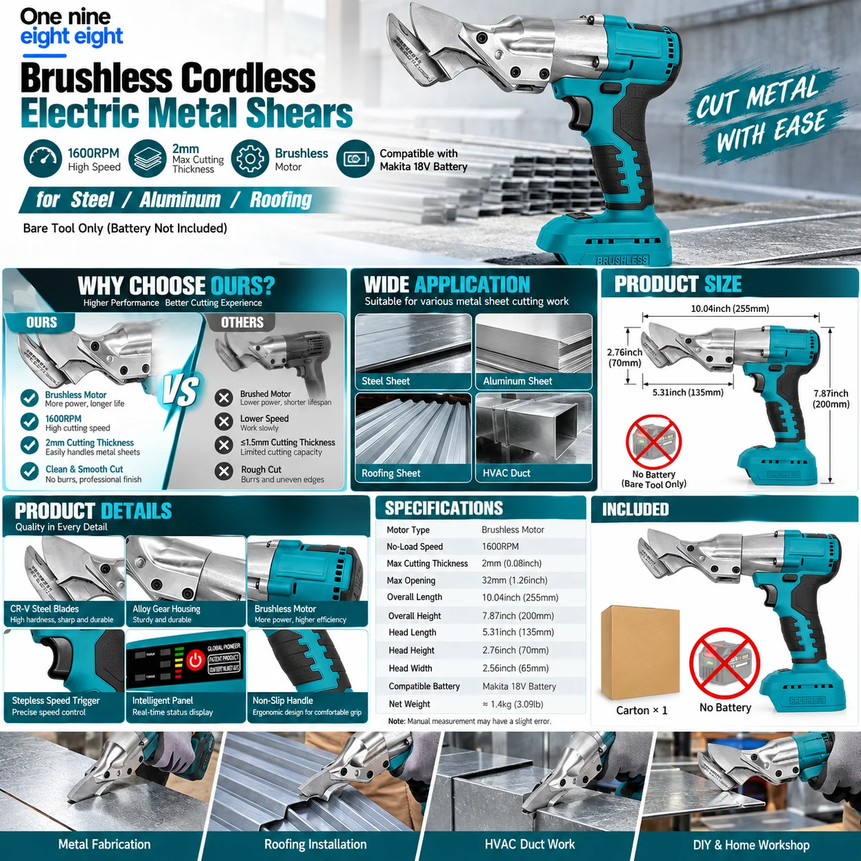 Brushless Cordless Electric Metal Shears 1600RPM 2mm Sheet Metal Cutter for Steel Aluminum Roofing Compatible with Makita 18V Ba