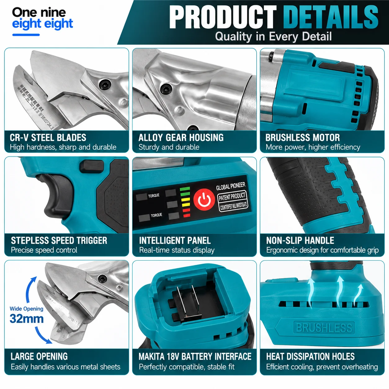 Brushless Cordless Electric Metal Shears 1600RPM 2mm Sheet Metal Cutter for Steel Aluminum Roofing Compatible with Makita 18V Ba