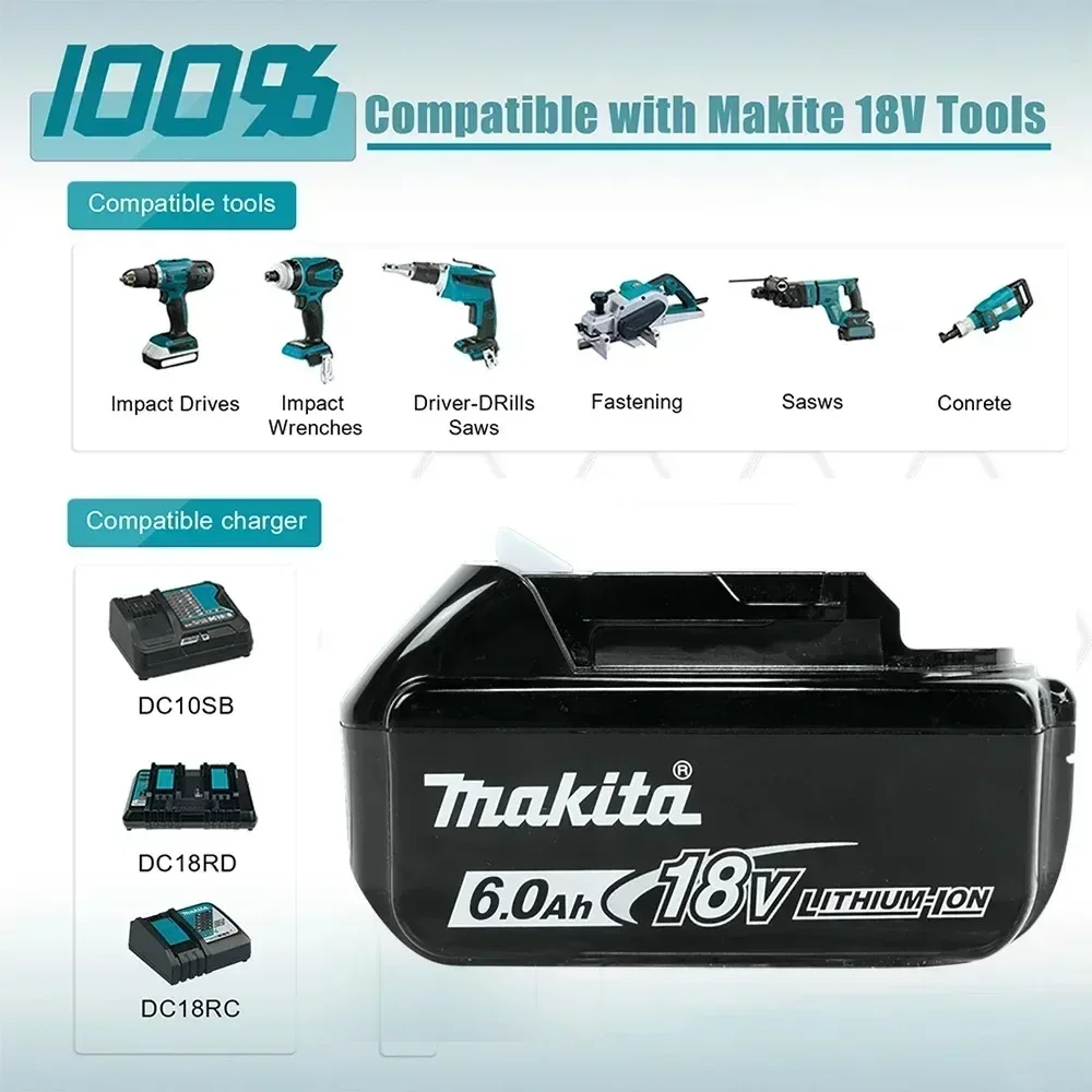 100% Genuine Makita 6Ah for Makita 18V Battery BL1860B BL1840 BL1830B BL1850B BL1850 BL1860 BL1815 Replacement Lithium Battery
