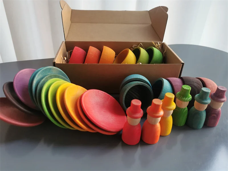 Sensory Wooden Montessori Toys Rainbow Pastel Sorting Bowls Dishes with Balls Acorns for Kids Play