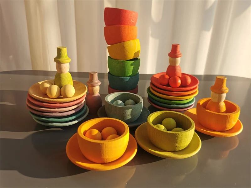 Sensory Wooden Montessori Toys Rainbow Pastel Sorting Bowls Dishes with Balls Acorns for Kids Play