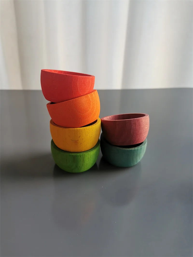 Sensory Wooden Montessori Toys Rainbow Pastel Sorting Bowls Dishes with Balls Acorns for Kids Play