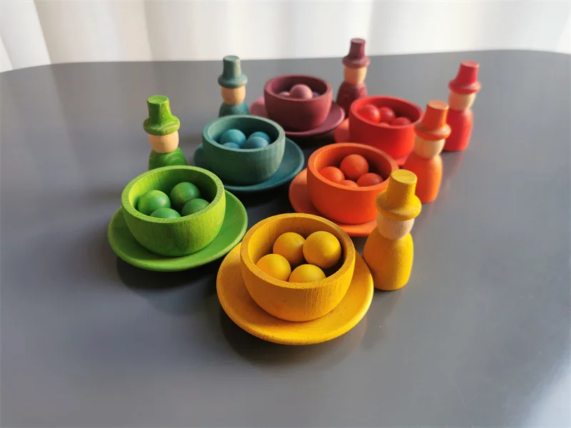 Sensory Wooden Montessori Toys Rainbow Pastel Sorting Bowls Dishes with Balls Acorns for Kids Play