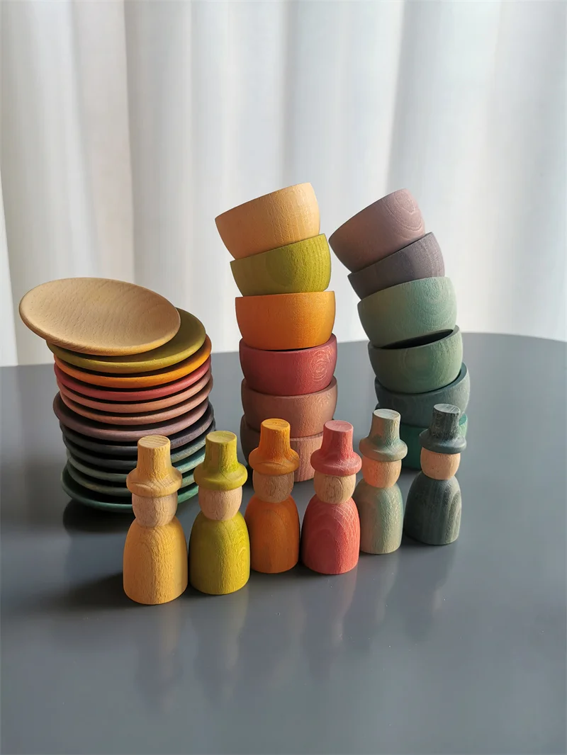 Sensory Wooden Montessori Toys Rainbow Pastel Sorting Bowls Dishes with Balls Acorns for Kids Play