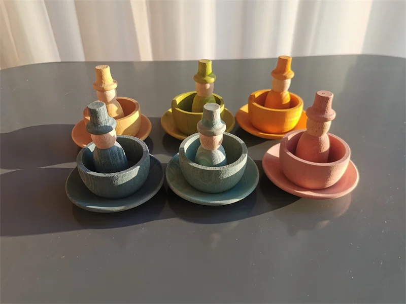 Sensory Wooden Montessori Toys Rainbow Pastel Sorting Bowls Dishes with Balls Acorns for Kids Play