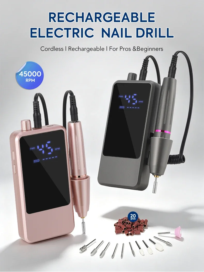 DianaBeauty 45000RPM Nail Drill Machine Portable Nail Polisher with LCD Display Electric Nail Polisher with 1600mAh Nail Tools