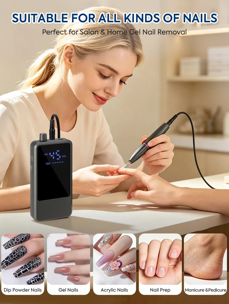DianaBeauty 45000RPM Nail Drill Machine Portable Nail Polisher with LCD Display Electric Nail Polisher with 1600mAh Nail Tools